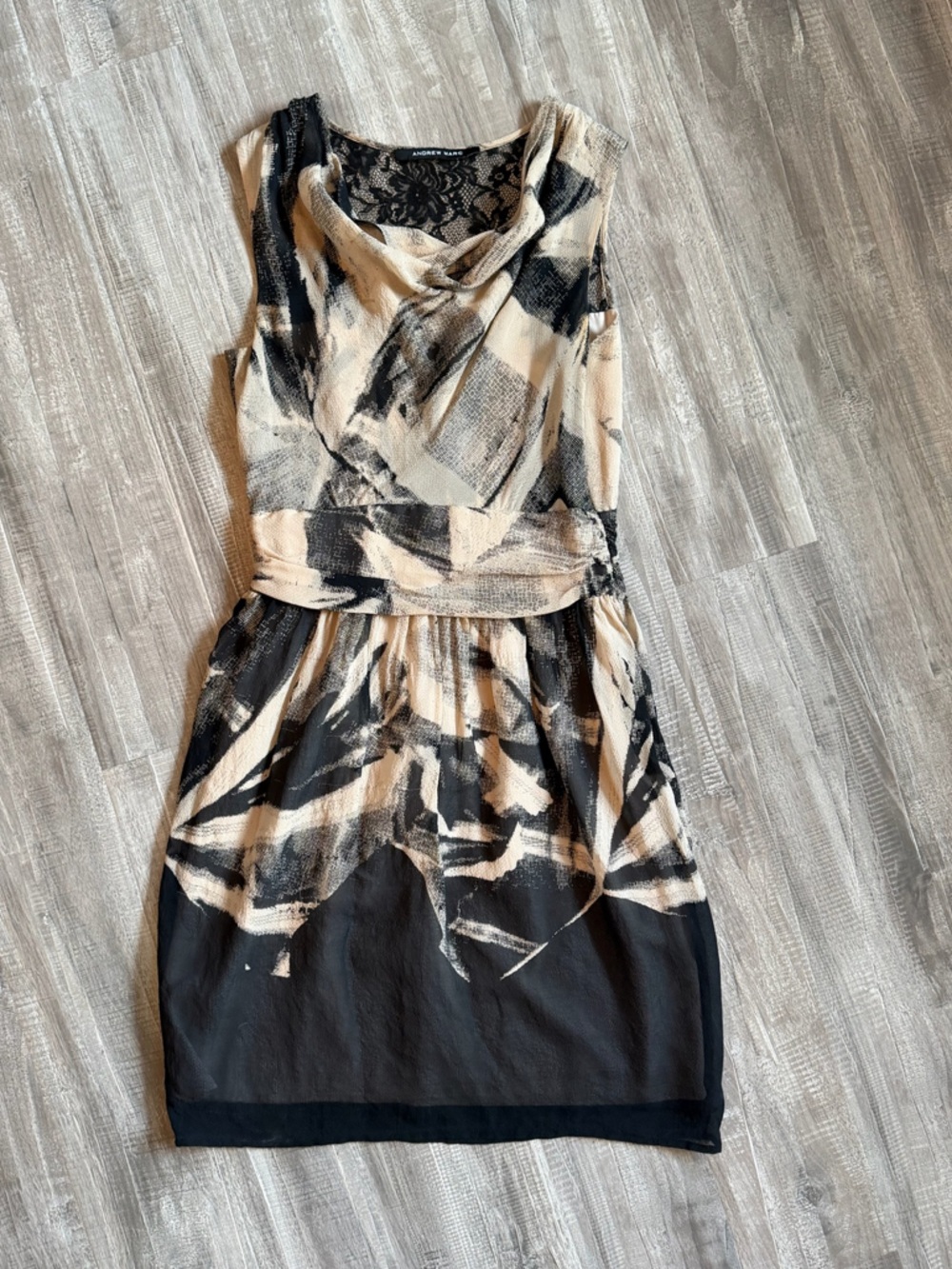 Andrew Marc Black and Cream Sleeveless Cowl-Neck Mini Dress